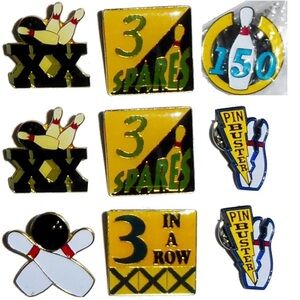 LOT 9 BOWLING LAPEL PINS 1-IN STRIKE SPARE BUSTER ENAMEL BLACK YELLOW GOLD TACK